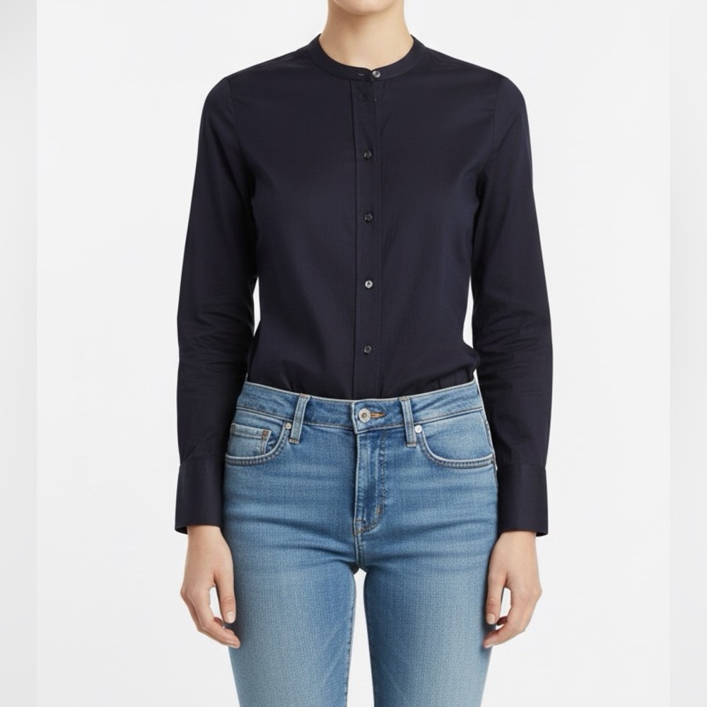 NWT J. Crew Stretch Perfect Bodysuit Navy Collarless Long Sleeve Button Down 8